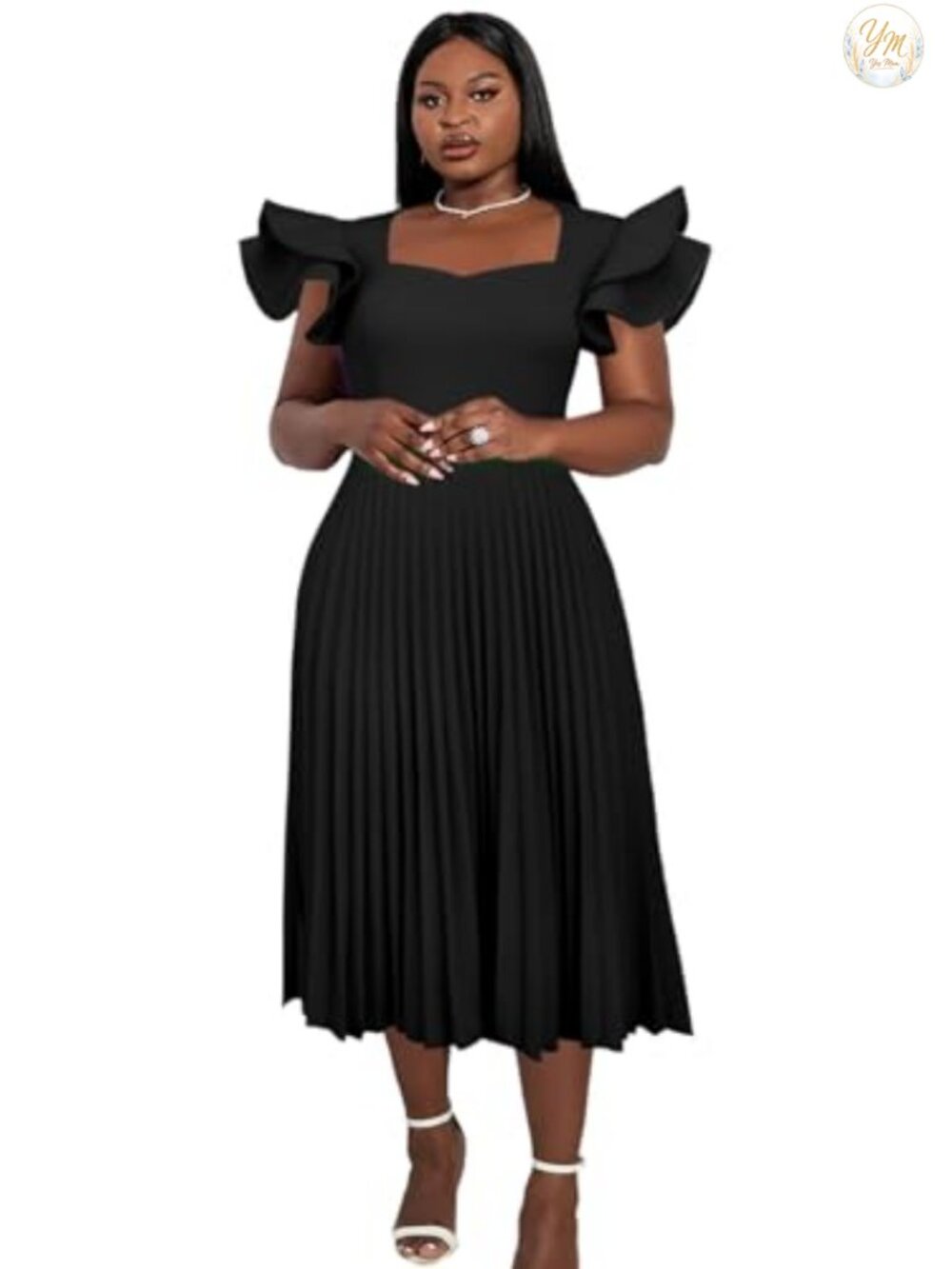 Elegant Square Collar Ruffled Sleeve Pleated Midi Dress - Classy & Breathable